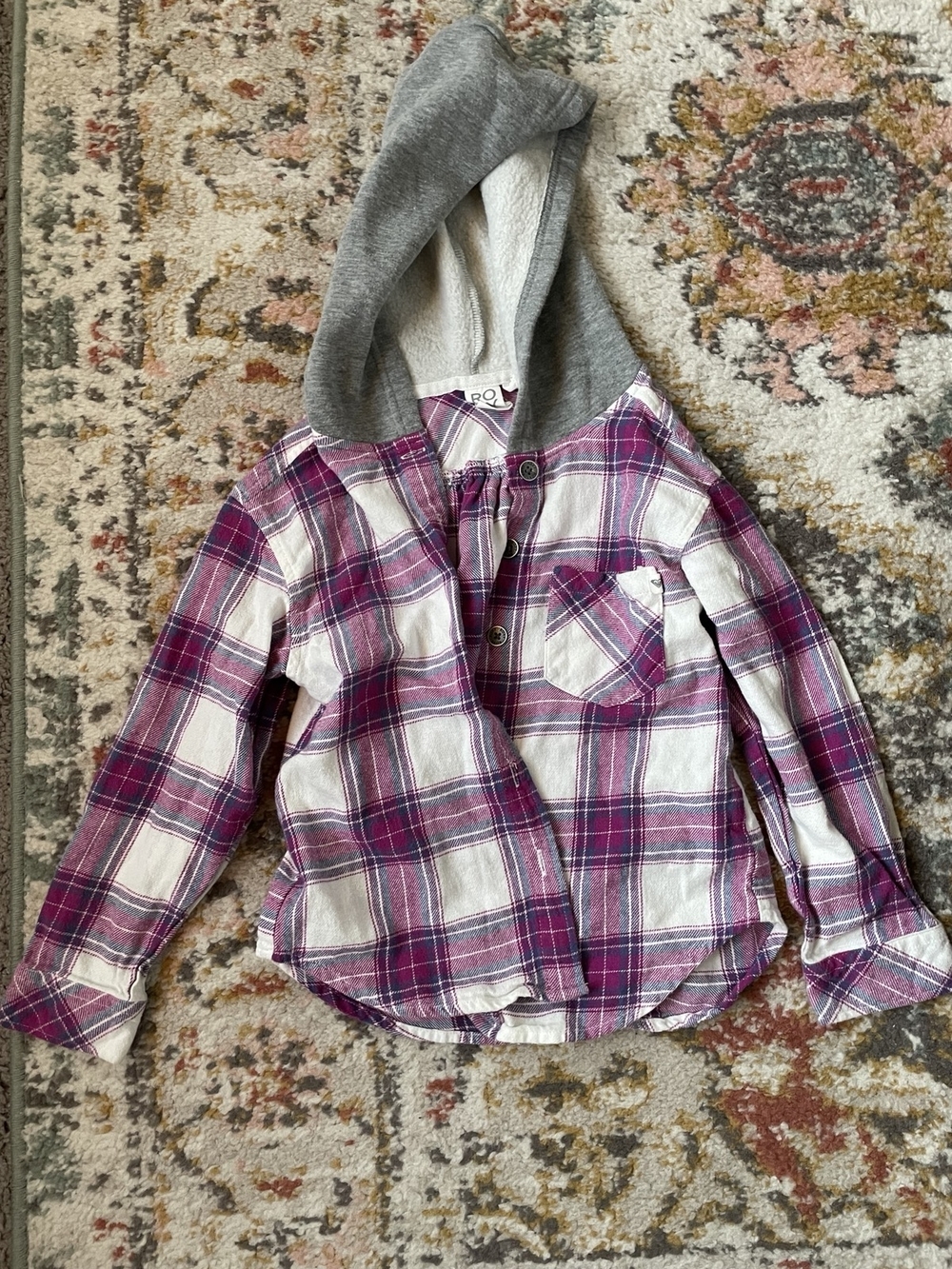 Roxy Pink and Gray Plaid Hooded Button-Down Shirt